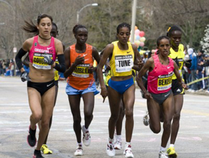 A group of elite runners at the Boston Marathon